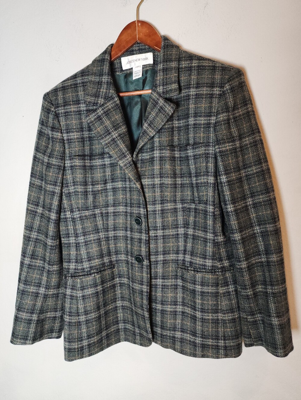 Vtg JNY 100% Worsted Wool Green Plaid Blazer Jacket Women's Size 12 Made In USA